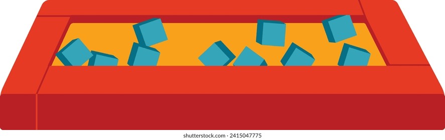 Flat design of red sandbox with blue cubes. Kids play area vector illustration. Outdoor children playground concept. Vector illustration