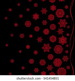 Flat design of red snowflakes isolated on black background. Vector snowflakes background. Snowflakes pattern. Snowflake seamless pattern.