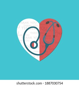 Flat design, red and white heart with a built-in medical instrument stethoscope, vector icon. Doctors love support logo. thanks to doctors, nurses. coronavirus outbreak symbol. Support concept, emblem
