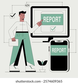 Flat design for report online concept illustration. A man is pointing to a report on screen