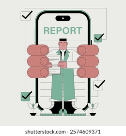 Flat design for report online concept illustration. A man is pointing to a report on screen