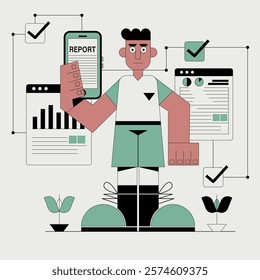 Flat design for report online concept illustration. A man is pointing to a report on screen