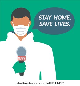 flat design reporter reports news & interview on tv live & hold microphone. doctor. medical staff vector & protective mask & suit white coverall. stay home save lives. coronavirus outbreak pandemic