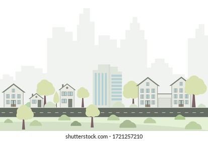 Diseño plano con edificios residenciales y rascacielos en segundo plano - ilustración vectorial