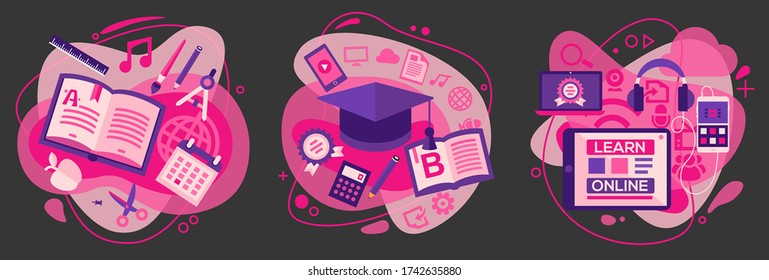 Flat design responsive E-learning and Education banners with trendy illustrations