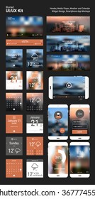 Flat design responsive pixel perfect UI mobile app and website template with trendy blurred polygonal header city skyline backgrounds, player app mockups, calendar and weather app widgets