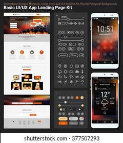 Flat design responsive pixel perfect UI mobile app and website template with trendy blurred polygonal header city skyline backgrounds, player app mockups, calendar and weather app widgets