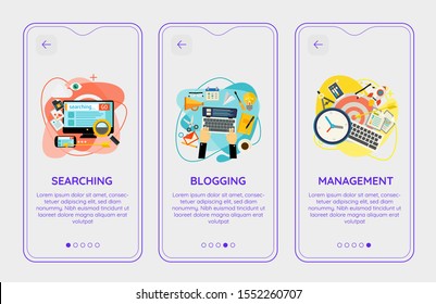 Flat design responsive Search, Blogging and Management UI mobile app splash screens. Template with trendy illustrations