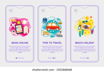Flat design responsive Time To Travel UI mobile app splash screens template with trendy illustrations