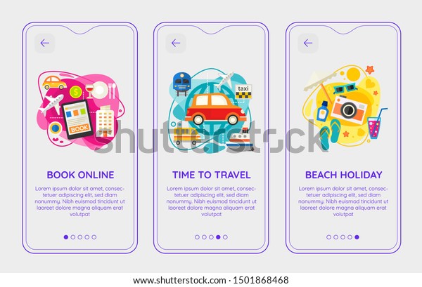 Flat design responsive\
Time To Travel UI mobile app splash screens template with trendy\
illustrations
