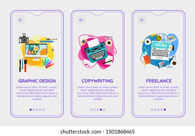 Flat design responsive Web Developing and Freelance UI mobile app splash screens template with trendy illustrations