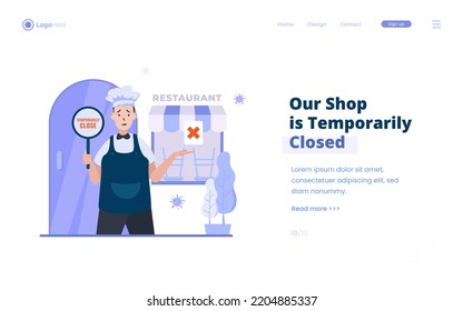 Flat design restaurant business activities temporarily closed illustration on landing page