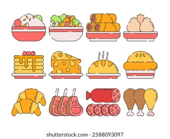 Flat design restaurant food illustrations featuring rice, salad, rolls, dim sum, pancakes, cheese, pastries, croissants, steak, sausage, and chicken drumsticks. Perfect for culinary-themed designs