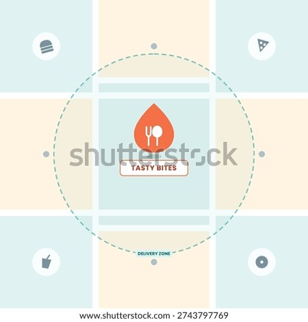 Flat Design Restaurant Location Map Illustration with Delivery Zone Radius. Modern Infographic for Tasty Bites Food App, showing Burger, Pizza, Donut and Drink Icons.