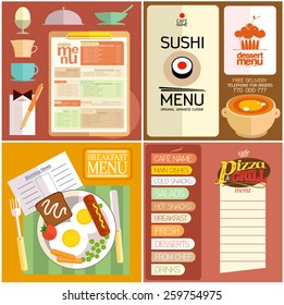 Flaches Design-Restaurant-Menü, Sushi-Menü, Frühstücksmenü, Dessertmenü, Pizza und Grill, Web-Elemente und Symbole für die Küche.