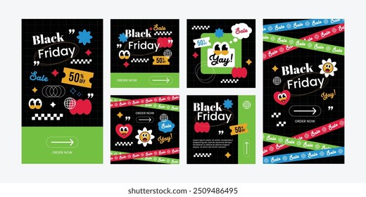 Flat design retro 90s party black friday sale social media template for Instagram feed and stories