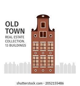 Flat design of retro city houses. Old town buildings collection. Colorful pastel tone cottage building, cafe house, hotels. Vector illustration