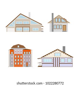 Flat design of retro and modern city houses. Old buildings, skyscrapers. colorful cottage building.