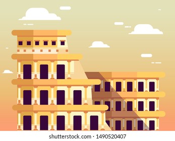 Flat design of retro and modern city houses. Old buildings, skyscrapers. colorful cottage building, cafe house.
