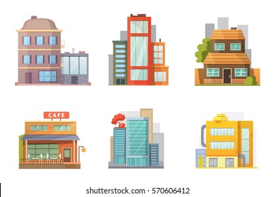 Flat design of retro and modern city houses. Old buildings, skyscrapers. colorful cottage building, cafe house. - Shutterstock ID 570606412