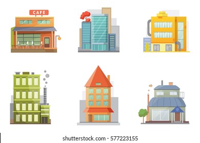 Flat design of retro and modern city houses. Old buildings, skyscrapers. colorful cottage building, cafe house.