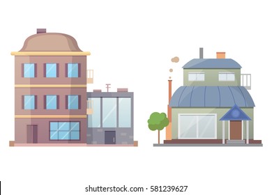 Flat design of retro and modern city houses. Old buildings, skyscrapers. colorful cottage building, cafe house.