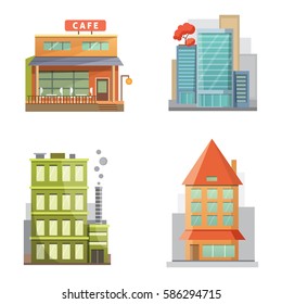 Flat design of retro and modern city houses. Old buildings, skyscrapers. colorful cottage building, cafe house front.