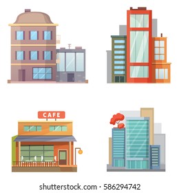 Flat design of retro and modern city houses. Old buildings, skyscrapers. colorful cottage building, cafe house front.