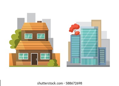 Flat design of retro and modern city houses. Old buildings, skyscrapers. colorful cottage building, cafe house.