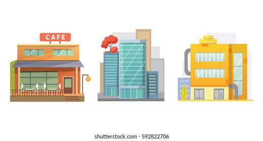 Flat design of retro and modern city houses. Old buildings, skyscrapers. colorful cottage building, cafe house.