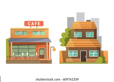 Flat design of retro and modern city houses. Old buildings, skyscrapers. colorful cottage building, cafe house.