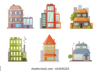 Flat design of retro and modern city houses. Old buildings, skyscrapers. colorful cottage building, cafe house.