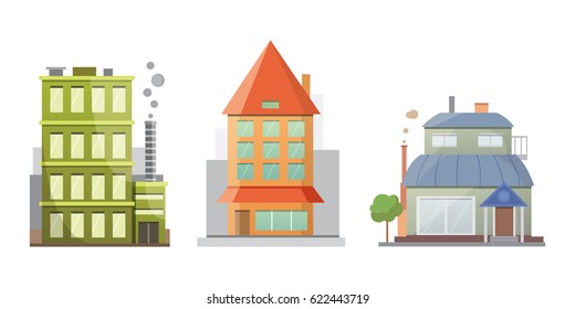 Flat design of retro and modern city houses. Old buildings, skyscrapers. colorful cottage building, cafe house.