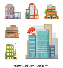 Flat design of retro and modern city houses. Old buildings, skyscrapers. colorful cottage building, cafe house.