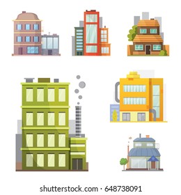 Flat design of retro and modern city houses. Old buildings, skyscrapers. colorful cottage building, cafe house.