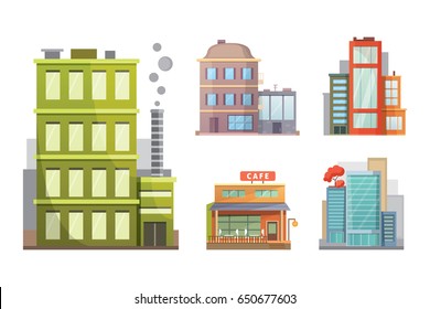 Flat design of retro and modern city houses. Old buildings, skyscrapers. colorful cottage building, cafe house.