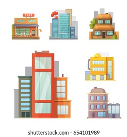 Flat design of retro and modern city houses. Old buildings, skyscrapers. colorful cottage building, cafe house.