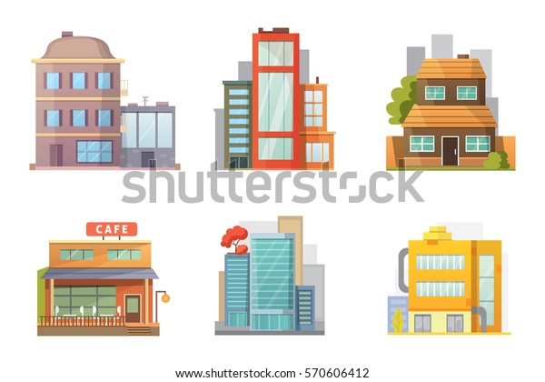 Flat design of\
retro and modern city houses. Old buildings, skyscrapers. colorful\
cottage building, cafe\
house.