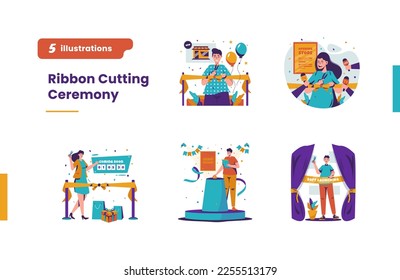 Flat design ribbon cutting ceremony grand launching illustration bundle pack