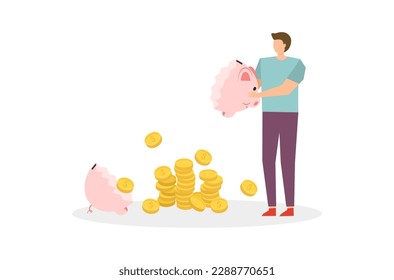 Flat design of rich man save money vector, man’s saving salary in piggy bank, flat design of financial management, Save money in piggy bank vector, money management vector, broken piggy bank vector.