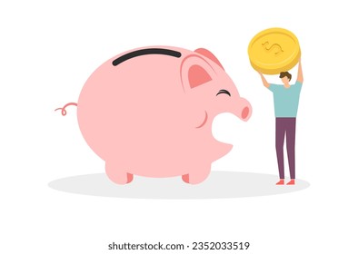 Flat design of rich man save money vector, a man’s saving salary in piggy bank, flat design of financial management, Save money in piggy bank, money management vector, a man is investing for future.
