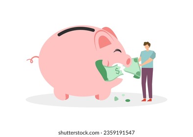 Flat design of rich man save money vector, a man’s saving salary in piggy bank, flat design of financial management, Save money in piggy bank, money management vector, a man is investing for future.