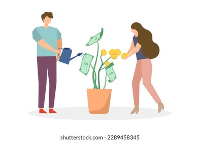 El diseño plano de la gente rica que crece el vector del dinero, la pareja ahorra dinero, el diseño plano de la gestión financiera, el vector de la gestión del dinero, el hombre y la mujer están invirtiendo para el futuro, el dinero está creciendo vector.