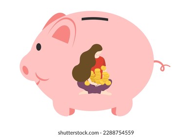 Flat design of rich woman save money vector, woman’s saving salary in piggy bank, flat design of financial management, Save money in piggy bank vector, money management vector, huge piggy bank vector.