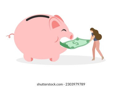 Flat design of rich woman save money vector, woman’s saving salary in piggy bank, flat design of financial management, Save money in piggy bank, money management vector, woman is investing for future.