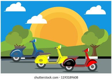 flat design ride a scooter in the mountains, vector illustration