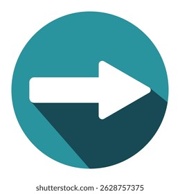 Flat design right arrow icon. Teal circular button with white arrow and long shadow. Next, forward, or navigation symbol for web, app.