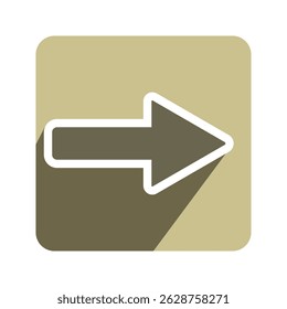 Flat design right arrow icon. Beige square button with white outline and long shadow. Next, forward, or navigation symbol for web, app, UI.