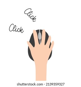 Flat Design Of ‘a Right Hand Is Holding A Mouse And Clicking’ Vector, Hand’s Clicking A Black Mouse On White Background, Flat Design Of ‘black Wireless Mouse’ Vector On White Background.