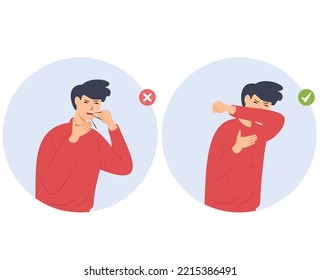 flat design the right way to cough and sneeze. coughing covered mouth by arm